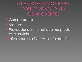  Computadora
 Modem
 Proveedor de internet que me presta
  este servicio
 Infraestructura física y la información
 