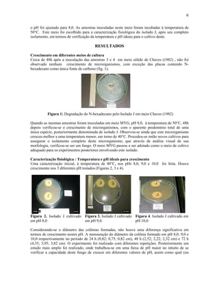 6

o pH foi ajustado para 8,0. As amostras inoculadas neste meio foram incubadas à temperatura de
50°C. Este meio foi escolhido para a caracterização fisiológica do isolado J, após seu completo
isolamento, em termos de verificação da temperatura e pH ideais para o cultivo deste.

                                       RESULTADOS

Crescimento em diferentes meios de cultura
Cerca de 48h após a inoculação das amostras 3 e 4 em meio sólido de Chaves (1982) , não foi
observado nenhum crescimento de microrganismos, com exceção das placas contendo N-
hexadecano como única fonte de carbono (fig. 1).




          Figura 1: Degradação do N-hexadecano pelo Isolado J em meio Chaves (1982)

Quando as mesmas amostras foram inoculadas em meio MYG, pH 8,0, à temperatura de 50°C, 48h
depois verificou-se o crescimento de microrganismos, com o aparente predomínio total de uma
única espécie, posteriormente denominada de isolado J. Observou-se ainda que este microrganismo
cresceu melhor a uma temperatura menor, em torno de 40°C. Procedeu-se então novos cultivos para
assegurar o isolamento completo deste microrganismo, que através de análise visual de sua
morfologia, verificou-se ser um fungo. O meio MYG passou a ser adotado como o meio de cultivo
adequado para os experimentos posteriores envolvendo este isolado.

Caracterização fisiológica : Temperatura e pH ideais para crescimento
Uma caracterização inicial, à temperatura de 40°C, nos pHs 8,0, 9,0 e 10,0 foi feita. Houve
crescimento nos 3 diferentes pH testados (Figuras 2, 3 e 4).




Figura 2. Isolado J cultivado Figura 3. Isolado J cultivado Figura 4. Isolado J cultivado em
em pH 8,0                     em pH 9,0.                    pH 10,0

Considerando-se o diâmetro das colônias formadas, não houve uma diferença significativa em
termos de crescimento nestes pH. A mensuração do diâmetro da colônia formado em pH 8,0; 9,0 e
10,0 respectivamente no período de 24 h (0,82; 0,75; 0,82 cm), 48 h (2,52; 2,22; 2,32 cm) e 72 h
(4,35; 3,95; 3,82 cm). O experimento foi realizado com diferentes repetições. Posteriormente um
estudo mais amplo foi realizado, onde trabalhou-se em uma faixa de pH maior no intuito de se
verificar a capacidade deste fungo de crescer em diferentes valores de pH, assim como qual (ou
 