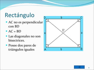 Rectángulo AC no es perpendicular con BD  AC = BD    Las diagonales no son bisectrices.  Posee dos pares de triángulos iguales 