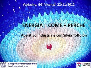 Valdagno, GGI Vicenza, 22/11/2012




ENERGIA = COME + PERCHÉ
Aperitivo Industriale con Silvia Toffolon
 