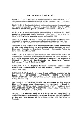 116
BIBLIOGRAFIA CONSULTADA
ALBERTS, C. C. O esquilo e o pinheiro-do-paraná: uma interação. In: 2o
Congresso Nacional de Essências Nativas. Anais. São Paulo. 1992. 1215- 1216.
BLUM, W. E. H. Ecophysiological and phylogenetica aspects of Araucariaceae
with special consideration of Araucaria angustifolia (Bert.) O. Ktze. In: IUFRO.
Problemas florestais do gênero Araucaria. Curitiba: FUPEF. 1980b. 71- 74.
BLUM, W. E. H. Site-nutrition-growth interrelationship of Araucaria. In: IUFRO.
Problemas florestais do gênero Araucaria. Curitiba: FUPEF. 1980a. 119- 130.
BOOTLE, K.R. Wood in Australia. Sydney: McGraw Hill. 1984.
BRISCOE, C. B. Establishment and early care of sycamore plantations, U. S.
Department of Agriculture, Forest Service Research Paper SO-50, 1969. 18p
CALDEIRA, M.V.W. Quantificação da biomassa e do conteúdo de nutrientes
em diferentes procedências de Acacia-negra (Acacia meanrsii De Wild.)
Dissertação (Mestrado em Engenharia Florestal) – Universidade Federal de
Santa Maria, Santa Maria, 1998.
CAMILLO, S. B. A. Influência dos fatores do sítio, espaçamento e idade na
concentração e produção de tanino em povoamentos de Acacia mearnsii De
Wild. Santa Maria-RS. 1997. 48p. Dissertação (Mestrado em Engenharia
Florestal) – Curso de Pós-Graduação em Engenharia Florestal,
Universidade Federal de Santa Maria, 1997.
.
CARVALHO, P. E. R. Espécies florestais brasileiras: recomendações
silviculturais, potencialidade e uso das madeira. Colombo: EMBRAPA-
CNPB. 1994. 640p.
CARVALHO, P.E.R. Espécies arbóreas de uso múltiplos na região sul do
Brasil. In: CONGRESSO BRASILEIRO SOBRE SISTEMAS
AGROFLORESTAIS, 1. 1994. Porto Velho. Anais... Colombo: EMBRAPA–CNPF,
1994. p.289-320, 522p.
CARVALHO, P.E.R. Espécies introduzidas alternativas às dos gêneros
Pinus e Eucalyptus para reflorestamento no centro-sul do Brasil. In:
SEMINÁRIO ESPÉCIES NÃO TRADICIONAIS PARA PLANTIOS COM
FINALIDADES PRODUTIVAS E AMBIENTAIS, 1998a. Curitiba. Anais. Curitiba:
EMBRAPA–CNPF, 1998a. p. 75-99, 178p.
CASSOL, C. A. Relações entre características do solo, crescimento e
produtividade em povoamento implantado de Araucaria angustifolia (Bert.)
O. Ktze, em Passo Fundo- RS. Santa Maria: UFSM. 1982. 84p. (Tese de
Mestrado)
 