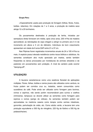 43
Grupo Peru
• Especialmente usada para produção de forragem (folhas, flores, frutos,
botões, rebentos). Em rotações de 1 a 3 anos, a produção de matéria seca
atinge 12 a 20 ton/ha/ano.
Os povoamentos destinados à produção de lenha, iniciados por
semeadura direta fornecem em média, após cinco anos, 200 m³/ha de madeira
aproveitável, as rebrotações do cepo chegam a atingir no primeiro ano 5 m de
incremento em altura e 5 cm de diâmetro. Indivíduos de bom crescimento
apresentam em idade de 8 anos DAP entre 21 e 37 cm.
Nas Filipinas foram registrados incrementos anuais de 24 a 100 m³/ha ou
mais. A espécie possui elevada resistência contra riscos bióticos e abióticos. As
sementes constituem alvo muito apreciado por insetos, sendo também
freqüentes os danos provocados por mordeduras de animais silvestres e de
pastoreio em povoamentos sem proteção. A nível de canteiro pode ocorrer
"damping-off".
UTILIZAÇÃO
A leucena caracteriza-se como uma essência florestal de aplicações
múltiplas. Flores, folhas, botões e ramos jovens são utilizados como verdura, os
frutos podem ser comidos crus ou, tostados, serem consumidos como
sucedâneo de café. Pode ainda ser utilizada como forragem para bovinos,
ovinos e caprinos, não sendo porém recomendável para suínos e coelhos
(mimosina), tampouco se deverá utilizar as sementes como forragem para
eqüinos e ovinos (perigo de cólicas). As sementes também podem ser
aproveitadas na medicina caseira como terapia contra vermes intestinais,
gonorréia, perturbação de visão, etc. Como adubo verde, a leucena tem uma
produção equivalente a 550 Kg de nitrogênio, 225 Kg de fósforo e 550 Kg de
potássio/ha/ano.
 