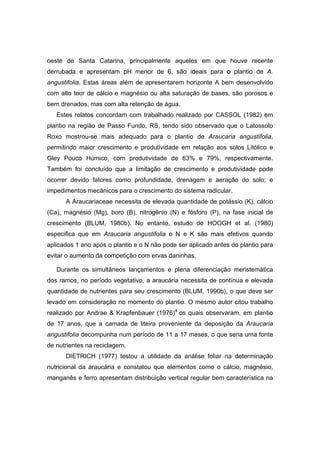 57
oeste de Santa Catarina, principalmente aqueles em que houve recente
derrubada e apresentam pH menor de 6, são ideais para o plantio de A.
angustifolia. Estas áreas além de apresentarem horizonte A bem desenvolvido
com alto teor de cálcio e magnésio ou alta saturação de bases, são porosos e
bem drenados, mas com alta retenção de água.
Estes relatos concordam com trabalhado realizado por CASSOL (1982) em
plantio na região de Passo Fundo, RS, tendo sido observado que o Latossolo
Roxo mostrou-se mais adequado para o plantio de Araucaria angustifolia,
permitindo maior crescimento e produtividade em relação aos solos Litólico e
Gley Pouco Húmico, com produtividade de 63% e 79%, respectivamente.
Também foi concluído que a limitação de crescimento e produtividade pode
ocorrer devido fatores como profundidade, drenagem e aeração do solo; e
impedimentos mecânicos para o crescimento do sistema radicular.
A Araucariaceae necessita de elevada quantidade de potássio (K), cálcio
(Ca), magnésio (Mg), boro (B), nitrogênio (N) e fósforo (P), na fase inicial de
crescimento (BLUM, 1980b). No entanto, estudo de HOOGH et al. (1980)
especifica que em Araucaria angustifolia o N e K são mais efetivos quando
aplicados 1 ano após o plantio e o N não pode ser aplicado antes do plantio para
evitar o aumento da competição com ervas daninhas.
Durante os simultâneos lançamentos e plena diferenciação meristemática
dos ramos, no período vegetativo, a araucária necessita de contínua e elevada
quantidade de nutrientes para seu crescimento (BLUM, 1990b), o que deve ser
levado em consideração no momento do plantio. O mesmo autor citou trabalho
realizado por Andrae & Krapfenbauer (1976)4
os quais observaram, em plantio
de 17 anos, que a camada de liteira proveniente da deposição da Araucaria
angustifolia decompunha num período de 11 a 17 meses, o que seria uma fonte
de nutrientes na reciclagem.
DIETRICH (1977) testou a utilidade da análise foliar na determinação
nutricional da araucária e constatou que elementos como o cálcio, magnésio,
manganês e ferro apresentam distribuição vertical regular bem característica na
 