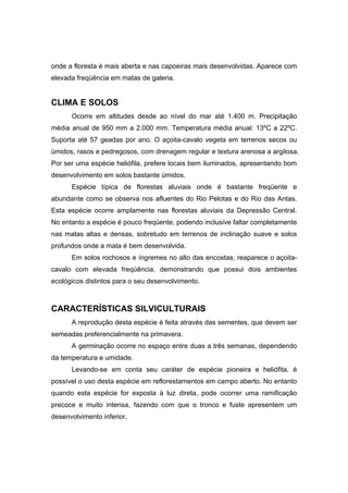 71
onde a floresta é mais aberta e nas capoeiras mais desenvolvidas. Aparece com
elevada freqüência em matas de galeria.
CLIMA E SOLOS
Ocorre em altitudes desde ao nível do mar até 1.400 m. Precipitação
média anual de 950 mm a 2.000 mm. Temperatura média anual: 13ºC a 22ºC.
Suporta até 57 geadas por ano. O açoita-cavalo vegeta em terrenos secos ou
úmidos, rasos e pedregosos, com drenagem regular e textura arenosa a argilosa.
Por ser uma espécie heliófila, prefere locais bem iluminados, apresentando bom
desenvolvimento em solos bastante úmidos.
Espécie típica de florestas aluviais onde é bastante freqüente e
abundante como se observa nos afluentes do Rio Pelotas e do Rio das Antas.
Esta espécie ocorre amplamente nas florestas aluviais da Depressão Central.
No entanto a espécie é pouco freqüente, podendo inclusive faltar completamente
nas matas altas e densas, sobretudo em terrenos de inclinação suave e solos
profundos onde a mata é bem desenvolvida.
Em solos rochosos e íngremes no alto das encostas, reaparece o açoita-
cavalo com elevada freqüência, demonstrando que possui dois ambientes
ecológicos distintos para o seu desenvolvimento.
CARACTERÍSTICAS SILVICULTURAIS
A reprodução desta espécie é feita através das sementes, que devem ser
semeadas preferencialmente na primavera.
A germinação ocorre no espaço entre duas a três semanas, dependendo
da temperatura e umidade.
Levando-se em conta seu caráter de espécie pioneira e heliófita, é
possível o uso desta espécie em reflorestamentos em campo aberto. No entanto
quando esta espécie for exposta à luz direta, pode ocorrer uma ramificação
precoce e muito intensa, fazendo com que o tronco e fuste apresentem um
desenvolvimento inferior.
 