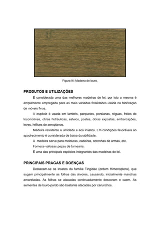 89
Figura16: Madeira de louro.
PRODUTOS E UTILIZAÇÕES
É considerada uma das melhores madeiras de lei, por isto a mesma é
amplamente empregada para as mais variadas finalidades usada na fabricação
de móveis finos.
A espécie é usada em lambris, parquetes, persianas, réguas, freios de
locomotivas, obras hidráulicas, esteios, postes, obras expostas, embarcações,
leves, hélices de aeroplanos.
Madeira resistente a umidade e aos insetos. Em condições favoráveis ao
apodrecimento é considerada de baixa durabilidade.
A madeira serve para molduras, cadeiras, coronhas de armas, etc.
Fornece valiosas peças de tornearia.
É uma das principais espécies integrantes das madeiras de lei.
PRINCIPAIS PRAGAS E DOENÇAS
Destacam-se os insetos da família Tingidae (ordem Himenoptera), que
sugam principalmente as folhas das árvores, causando, inicialmente manchas
amareladas. As folhas se atacadas continuadamente descoram e caem. As
sementes de louro-pardo são bastante atacadas por carunchos.
 