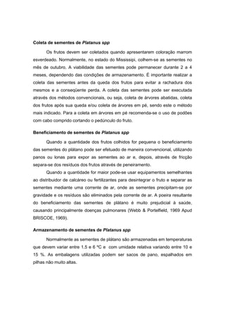 9
Coleta de sementes de Platanus spp
Os frutos devem ser coletados quando apresentarem coloração marrom
esverdeado. Normalmente, no estado do Mississipi, colhem-se as sementes no
mês de outubro. A viabilidade das sementes pode permanecer durante 2 a 4
meses, dependendo das condições de armazenamento. É importante realizar a
coleta das sementes antes da queda dos frutos para evitar a rachadura dos
mesmos e a conseqüente perda. A coleta das sementes pode ser executada
através dos métodos convencionais, ou seja, coleta de árvores abatidas, coleta
dos frutos após sua queda e/ou coleta de árvores em pé, sendo este o método
mais indicado. Para a coleta em árvores em pé recomenda-se o uso de podões
com cabo comprido cortando o pedúnculo do fruto.
Beneficiamento de sementes de Platanus spp
Quando a quantidade dos frutos colhidos for pequena o beneficiamento
das sementes do plátano pode ser efetuado de maneira convencional, utilizando
panos ou lonas para expor as sementes ao ar e, depois, através de fricção
separa-se dos resíduos dos frutos através de peneiramento.
Quando a quantidade for maior pode-se usar equipamentos semelhantes
ao distribuidor de calcáreo ou fertilizantes para desintegrar o fruto e separar as
sementes mediante uma corrente de ar, onde as sementes precipitam-se por
gravidade e os resíduos são eliminados pela corrente de ar. A poeira resultante
do beneficiamento das sementes de plátano é muito prejudicial à saúde,
causando principalmente doenças pulmonares (Webb & Portelfield, 1969 Apud
BRISCOE, 1969).
Armazenamento de sementes de Platanus spp
Normalmente as sementes de plátano são armazenadas em temperaturas
que devem variar entre 1.5 e 6 ºC e com umidade relativa variando entre 10 e
15 %. As embalagens utilizadas podem ser sacos de pano, espalhados em
pilhas não muito altas.
 
