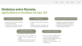 Silvicultura Objetivos
Exemplos
Práticas
Definição
Dinâmica entre floresta,
agricultura e incultos no séc.XX
INÍCIO DO SÉCULO XX:
Agricultura: 35% do território, Florestas:
21%,Incultos:38%(1902).
Campanha do Trigo (1929): Aumentar a
produçãodetrigoeeliminarosincultos.
IMPACTO DA UNIÃO EUROPEIA (1985):
Máximos históricos de área ocupada por
cereais.
Aumento da erosão e abandono rural
devidoàquedadaprodutividadeagrícola.
ANOS 50 E 60:
Reduçãodaáreaagrícolade50%(década
de1980)para25%(iníciodoséculoXXI).
Contributo do setor agrícola no PIB caiu
de8,8%(1985)para2,4%(2018).
ABANDONO RURAL E
RECUPERAÇÃO FLORESTAL:
A partir dos anos 70, aumento do
abandono rural e migração para as
cidades.
Recuperação de terrenos marginais por
matoseflorestas,reduzindoosincultos.
Plano de Fomento Florestal (1938) e
FundodeFomentoFlorestal(1945).
Aumento da área florestal para 30% do
territórionadécadade1970.
Plantação de pinheiro-bravo como
espécieprincipal.
POLÍTICAS FLORESTAIS:
 