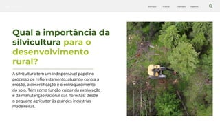 Silvicultura Objetivos
Exemplos
Práticas
Definição
Qual a importância da
silvicultura para o
desenvolvimento
rural?
A silvicultura tem um indispensável papel no
processo de reflorestamento, atuando contra a
erosão, a desertificação e o enfraquecimento
do solo. Tem como função cuidar da exploração
e da manutenção racional das florestas, desde
o pequeno agricultor às grandes indústrias
madeireiras.
 