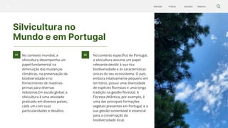 Silvicultura Objetivos
Exemplos
Práticas
Definição
Silvicultura no
Mundo e em Portugal
No contexto mundial, a
silvicultura desempenha um
papel fundamental na
diminuição das mudanças
climáticas, na preservação da
biodiversidade e no
fornecimento de matérias-
primas para diversas
indústrias.Em escala global, a
silvicultura é uma atividade
praticada em diversos países,
cada um com suas
particularidades e desafios.
01 No contexto específico de Portugal,
a silvicultura assume um papel
relevante devido à sua rica
biodiversidade e às características
únicas do seu ecossistema. O país,
embora relativamente pequeno em
território, possui uma diversidade
de espécies florestais e uma longa
tradição na gestão florestal. A
Floresta Atlântica, por exemplo, é
uma das principais formações
vegetais presentes em Portugal, e a
sua gestão sustentável é essencial
para a conservação da
biodiversidade local.
02
 