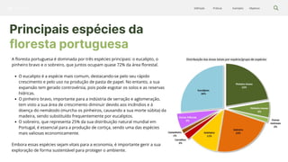 Silvicultura Objetivos
Exemplos
Práticas
Definição
A floresta portuguesa é dominada por três espécies principais: o eucalipto, o
pinheiro bravo e o sobreiro, que juntos ocupam quase 72% da área florestal.
O eucalipto é a espécie mais comum, destacando-se pelo seu rápido
crescimento e pelo uso na produção de pasta de papel. No entanto, a sua
expansão tem gerado controvérsia, pois pode esgotar os solos e as reservas
hídricas.
O pinheiro bravo, importante para a indústria de serração e aglomeração,
tem visto a sua área de crescimento diminuir devido aos incêndios e à
doença do nemátodo (murcha os pinheiros, causando a sua morte súbita) da
madeira, sendo substituído frequentemente por eucaliptos.
O sobreiro, que representa 25% da sua distribuição natural mundial em
Portugal, é essencial para a produção de cortiça, sendo uma das espécies
mais valiosas economicamente.
Embora essas espécies sejam vitais para a economia, é importante gerir a sua
exploração de forma sustentável para proteger o ambiente.
Principais espécies da
floresta portuguesa
 