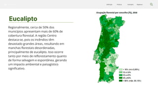 Silvicultura Objetivos
Exemplos
Práticas
Definição
Eucalipto
Regionalmente, cerca de 50% dos
municípios apresentam mais de 60% de
cobertura florestal. A região Centro
destaca-se, pois os incêndios têm
devastado grandes áreas, resultando em
manchas florestais desordenadas,
principalmente de eucalipto. Isso ocorre
tanto por meio de reflorestamento quanto
de forma selvagem e espontânea, gerando
um impacto ambiental e paisagístico
significativo.
01
 