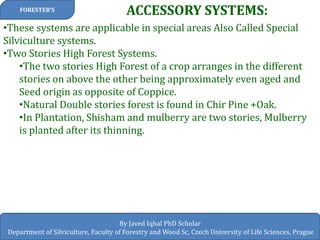 ACCESSORY SYSTEMS: 
FORESTER’S 
By Javed Iqbal PhD Scholar 
Department of Silviculture, Faculty of Forestry and Wood Sc, Czech University of Life Sciences, Prague 
•These systems are applicable in special areas Also Called Special Silviculture systems. 
•Two Stories High Forest Systems. 
•The two stories High Forest of a crop arranges in the different stories on above the other being approximately even aged and Seed origin as opposite of Coppice. 
•Natural Double stories forest is found in Chir Pine +Oak. 
•In Plantation, Shisham and mulberry are two stories, Mulberry is planted after its thinning.  