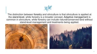 The distinction between forestry and silviculture is that silviculture is applied at
the stand-level, while forestry is a broader concept. Adaptive management is
common in silviculture, while forestry can include natural/conserved land without
stand-level management and treatments being applied.
 