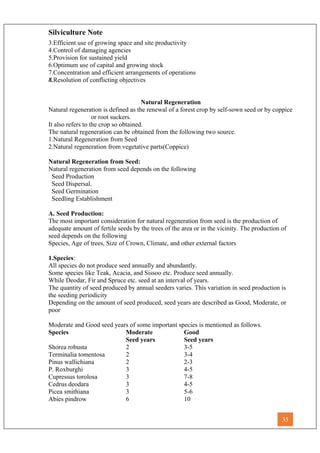 Silviculture Note
3.Efficient use of growing space and site productivity
4.Control of damaging agencies
5.Provision for sustained yield
6.Optimum use of capital and growing stock
7.Concentration and efficient arrangements of operations
8.Resolution of conflicting objectives
Natural Regeneration
Natural regeneration is defined as the renewal of a forest crop by self-sown seed or by coppice
or root suckers.
It also refers to the crop so obtained.
The natural regeneration can be obtained from the following two source.
1.Natural Regeneration from Seed
2.Natural regeneration from vegetative parts(Coppice)
Natural Regeneration from Seed:
Natural regeneration from seed depends on the following
Seed Production
Seed Dispersal.
Seed Germination
Seedling Establishment
A. Seed Production:
The most important consideration for natural regeneration from seed is the production of
adequate amount of fertile seeds by the trees of the area or in the vicinity. The production of
seed depends on the following
Species, Age of trees, Size of Crown, Climate, and other external factors
1.Species:
All species do not produce seed annually and abundantly.
Some species like Teak, Acacia, and Sissoo etc. Produce seed annually.
While Deodar, Fir and Spruce etc. seed at an interval of years.
The quantity of seed produced by annual seeders varies. This variation in seed production is
the seeding periodicity
Depending on the amount of seed produced, seed years are described as Good, Moderate, or
poor
Moderate and Good seed years of some important species is mentioned as follows.
Species Moderate Good
Seed years Seed years
Shorea robusta 2 3-5
Terminalia tomentosa 2 3-4
Pinus wallichiana 2 2-3
P. Roxburghi 3 4-5
Cupressus torolosa 3 7-8
Cedrus deodara 3 4-5
Picea smithiana 3 5-6
Abies pindrow 6 10
35
 