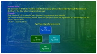 Periodic Block:
It is necessary to divide the rotation period in to as many parts as the number by which the rotation is
divisible by the time taken to regenerate an area.
Example;
If the rotation is 120 years and it takes 30 years to regenerate the area naturally.
The rotation will be divided into periods. As each of this part is felled and regenerated in a particular period, it is
called a periodic Block.
120/30 = 4 periodic blocks
Age Class (Age of crop in years)
PB:1
Age: 1-30 year
PB: 2
Age: 31-60
PB:3
Age: 61-90
PB: 4
Age: 91-120
 