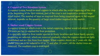4. Coppice of Two Rotations System
A coppice system based on stool coppice in which after the initial coppicing of the crop
at the beginning of the first rotation, part of the crop is not coppiced to produce large
sized timber. The number of trees so reserved from being coppiced again in the second
rotation, depends on the quantity of large sized timber required in the market.
5. Shelter wood Coppice System
A coppice system in which even in the initial coppicing, shelter wood (of almost 125 to
150 trees per ha) is retained for frost protection.
It is specially suited to frost tender species in frosty localities and forest hardy species,
promising are selected, which are removed gradually when the coppice shoots are fully
established and are free from frost danger. When coppice shoots are 5 years old, the
shelter trees are to be reduced to 63 to 75 and after 10 years , all the shelter trees are
removed. The resultant crop is even aged.
 