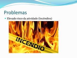 Problemas
 Elevado risco da atividade (Incêndios)
 
