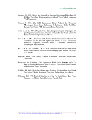 www.irwantoshut.com 
Marsono, Dj. 2004. Konservasi Sumberdaya alam dan Lingkungan Hidup. Penerbit 
BIGRAF Publishing Bekrjasama dengan Sekolah Tinggi Teknik Linkungan 
YLH Yogyakarta. 
Riyanto, B. 2004, Kilas Balik Pengusahaan Hutan Produksi dan Optimisme 
Membangun Masa Depan Kehutanan di Indonesia. Balai Sertifikasi 
Penguji Hasil Hutan. XIII. Kalimantan Timur. Samarinda. 
Sheil, D, et all. 2004. Mengeksplorasi keanekaragaman hayati, lingkungan dan 
pandangan masyarakat lokal mengenai berbagai lanskap hutan. Center for 
International Forestry Research. Indonesia 
Slik, J. W. F. 2001. Macaranga and Mallotus (Euphorbiaceae) as indicators for 
disturbance in the lowland dipterocarp forests of East Kalimantan, 
Indonesia. Tropenbos-Kalimantan Series 4, Tropenbos International, 
Wageningen, the Netherlands. 
Slik, J. W. F., and Eichhorn K. A. O. 2003. Fire survival of lowland tropical rain 
forest trees in relation to stem diameter and topographic position. Oecologia 
137: 446-455. 
Soetrisno, Kadar, 1998, Silvika, Fakultas Kehutanan Universitas Mulawarman, 
Samarinda. 
Sumaryono dan Redhahari, 2002 Pengaturan Hasil Hutan Produksi pada Era 
Desentralisasi di Kalimantan Timur Lokakarya Pengelolaan Hutan Produksi 
di Kalimantan Timur. Samarinda. 
Weidelt, H.J, 1995 Silvikultur Hutan Alam Tropika. Diterjemahkan oleh Nunuk 
Supriyatno. Fakultas Kehutanan Universitas Gadjah Mada. Yogyakarta. 
Whitmore, T.C, 1975, Tropical Rain Forests of the Far East (Chapter Two Forest 
Structure) 1st Edition, Oxford University Press, Oxford. 
PRESPEKTIF SILVIKA DALAM KEANEKARAGAMAN HAYATI DAN SILVIKULTUR 20 
 