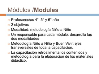 Módulos /Modules
   Profesores/as 4°, 5° y 6° año
   2 objetivos
   Modalidad: metodología Niño a Niño
   Un responsable para cada módulo: desarrolla las
    dos modalidades
   Metodología Niño a Niño y Buen Vivir: ejes
    transversales de toda la capacitación.
   La capacitación retroalimenta los contenidos y
    metodología para la elaboración de los materiales
    didáctico.
 