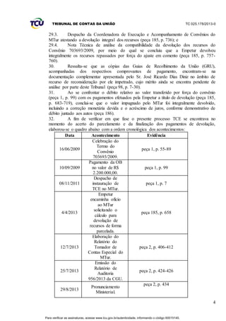 TRIBUNAL DE CONTAS DA UNIÃO TC 025.178/2013-0
4
29.3. Despacho da Coordenadora de Execução e Acompanhamento de Convênios do
MTur atestando a devolução integral dos recursos (peça 185, p. 736); e
29.4. Nota Técnica de análise da compatibilidade da devolução dos recursos do
Convênio 703693/2009, por meio do qual se concluiu que a Empetur devolveu
integralmente os recursos repassados por força do ajuste em comento (peça 185, p. 757-
760).
30. Ressalta-se que as cópias das Guias de Recolhimento da União (GRU),
acompanhadas dos respectivos comprovantes de pagamento, encontram-se na
documentação complementar apresentada pelo Sr. José Ricardo Dias Diniz no âmbito de
recurso de reconsideração por ele impetrado, cujo mérito ainda se encontra pendente de
análise por parte deste Tribunal (peça 98, p. 7-30).
31. Ao se confrontar o débito relativo ao valor transferido por força do convênio
(peça 1, p. 99) com os pagamentos efetuados pela Empetur a título de devolução (peça 185,
p. 683-719), conclui-se que o valor impugnado pelo MTur foi integralmente devolvido,
incluindo a correção monetária devida e o acréscimo de juros, conforme demonstrativo de
débito juntado aos autos (peça 186).
32. A fim de verificar em que fase o presente processo TCE se encontrava no
momento do acerto do parcelamento e da finalização dos pagamentos de devolução,
elaborou-se o quadro abaixo com a ordem cronológica dos acontecimentos:
Data Acontecimento Evidência
16/06/2009
Celebração do
Termo do
Convênio
703693/2009.
peça 1, p. 55-89
10/09/2009
Pagamento da OB
no valor de R$
2.200.000,00.
peça 1, p. 99
08/11/2011
Despacho de
instauração de
TCE no MTur.
peça 1, p. 7
4/4/2013
Empetur
encaminha ofício
ao MTur
solicitando o
cálculo para
devolução de
recursos de forma
parcelada.
peça 185, p. 658
12/7/2013
Elaboração do
Relatório do
Tomador de
Contas Especial do
MTur.
peça 2, p. 406-412
25/7/2013
Emissão do
Relatório de
Auditoria
956/2013 da CGU.
peça 2, p. 424-426
29/8/2013
Pronunciamento
Ministerial.
peça 2, p. 434
Para verificar as assinaturas, acesse www.tcu.gov.br/autenticidade, informando o código 60015145.
 
