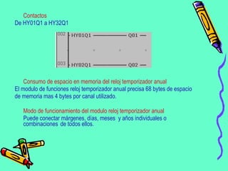 Contactos De HY01Q1 a HY32Q1 Consumo de espacio en memoria del reloj temporizador anual  El modulo de funciones reloj temporizador anual precisa 68 bytes de espacio de memoria mas 4 bytes por canal utilizado . Modo de funcionamiento del modulo reloj temporizador anual Puede conectar márgenes, días, meses  y años individuales o combinaciones  de todos ellos .  