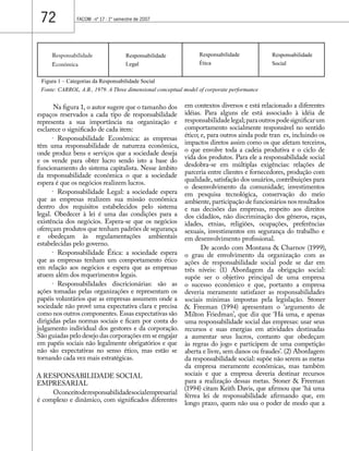 72 FACOM - nº 17 - 1º semestre de 2007 
Na figura 1, o autor sugere que o tamanho dos 
espaços reservados a cada tipo de responsabilidade 
representa a sua importância na organização e 
esclarece o significado de cada item: 
· Responsabilidade Econômica: as empresas 
têm uma responsabilidade de natureza econômica, 
onde produz bens e serviços que a sociedade deseja 
e os vende para obter lucro sendo isto a base do 
funcionamento do sistema capitalista. Nesse âmbito 
da responsabilidade econômica o que a sociedade 
espera é que os negócios realizem lucros. 
· Responsabilidade Legal: a sociedade espera 
que as empresas realizem sua missão econômica 
dentro dos requisitos estabelecidos pelo sistema 
legal. Obedecer à lei é uma das condições para a 
existência dos negócios. Espera-se que os negócios 
ofereçam produtos que tenham padrões de segurança 
e obedeçam às regulamentações ambientais 
estabelecidas pelo governo. 
· Responsabilidade Ética: a sociedade espera 
que as empresas tenham um comportamento ético 
em relação aos negócios e espera que as empresas 
atuem além dos requerimentos legais. 
· Responsabilidades discricionárias: são as 
ações tomadas pelas organizações e representam os 
papéis voluntários que as empresas assumem onde a 
sociedade não provê uma expectativa clara e precisa 
como nos outros componentes. Essas expectativas são 
dirigidas pelas normas sociais e ficam por conta do 
julgamento individual dos gestores e da corporação. 
São guiadas pelo desejo das corporações em se engajar 
em papéis sociais não legalmente obrigatórios e que 
não são expectativas no senso ético, mas estão se 
tornando cada vez mais estratégicas. 
A RESPONSABILIDADE SOCIAL 
EMPRESARIAL 
O conceito de responsabilidade social empresarial 
é complexo e dinâmico, com significados diferentes 
em contextos diversos e está relacionado a diferentes 
idéias. Para alguns ele está associado à idéia de 
responsabilidade legal; para outros pode significar um 
comportamento socialmente responsável no sentido 
ético; e, para outros ainda pode tran es, incluindo os 
impactos diretos assim como os que afetam terceiros, 
o que envolve toda a cadeia produtiva e o ciclo de 
vida dos produtos. Para ele a responsabilidade social 
desdobra-se em múltiplas exigências: relações de 
parceria entre clientes e fornecedores, produção com 
qualidade, satisfação dos usuários, contribuições para 
o desenvolvimento da comunidade; investimentos 
em pesquisa tecnológica, conservação do meio 
ambiente, participação de funcionários nos resultados 
e nas decisões das empresas, respeito aos direitos 
dos cidadãos, não discriminação dos gêneros, raças, 
idades, etnias, religiões, ocupações, preferências 
sexuais, investimentos em segurança do trabalho e 
em desenvolvimento profissional. 
De acordo com Montana & Charnov (1999), 
o grau de envolvimento da organização com as 
ações de responsabilidade social pode se dar em 
três níveis: (1) Abordagem da obrigação social: 
supõe ser o objetivo principal de uma empresa 
o sucesso econômico e que, portanto a empresa 
deveria meramente satisfazer as responsabilidades 
sociais mínimas impostas pela legislação. Stoner 
& Freeman (1994) apresentam o ‘argumento de 
Milton Friedman’, que diz que ‘Há uma, e apenas 
uma responsabilidade social das empresas: usar seus 
recursos e suas energias em atividades destinadas 
a aumentar seus lucros, contanto que obedeçam 
às regras do jogo e participem de uma competição 
aberta e livre, sem danos ou fraudes’. (2) Abordagem 
da responsabilidade social: supõe não serem as metas 
da empresa meramente econômicas, mas também 
sociais e que a empresa deveria destinar recursos 
para a realização dessas metas. Stoner & Freeman 
(1994) citam Keith Davis, que afirmou que ‘há uma 
férrea lei de responsabilidade afirmando que, em 
longo prazo, quem não usa o poder de modo que a 
Responsabilidade 
Econômica 
Responsabilidade 
Legal 
Responsabilidade 
Ética 
Responsabilidade 
Social 
Figura 1 – Categorias da Responsabilidade Social 
Fonte: CARROL, A.B., 1979. A Three dimensional conceptual model of corporate performance 
 