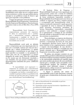 FACOM - nº 17 - 1º semestre de 2007 73 
sociedade considere responsável tende a perdê-lo’. (3) 
Sensibilidade social: supõe não ter a empresa apenas 
metas econômicas e sociais, mas que também precisa 
antecipar-se aos problemas sociais do futuro e agir 
agora para responder a esses problemas. 
A seguir são apresentas outras três definições de 
Responsabilidade Social Empresarial,. A primeira do 
Conselho Empresarial Mundial para o Desenvolvimento 
Sustentável, citada na obra de Melo Neto e Froes; (1999, 
p.87) 
“Responsabilidade Social Corporativa é o 
comprometimento permanente dos empresários 
de adotar um comportamento ético e contribuir 
para o desenvolvimento econômico, melhorando 
simultaneamente a qualidade de vida de seus 
empregados e de suas famílias, da comunidade local e 
da sociedade como um todo”. 
Responsabilidade social pode ser definida 
como o compromisso que uma organização deve ter 
para com a sociedade, expresso por meio de atos e 
atitudes que a afetem positivamente, [...] agindo 
proativamente e coerentemente no que tange a seu 
papel específico na sociedade e a sua prestação de 
contas para com ela. A organização [...] assume 
obrigações de caráter moral, além das estabelecidas 
em lei, mesmo que não diretamente vinculadas a 
suas atividades, mas que possam contribuir para o 
desenvolvimento sustentável dos povos. (ASHLEY, 
2002, p.98) 
“A responsabilidade social empresarial é o 
compromisso de contribuir para o desenvolvimento 
econômico sustentável trabalhando em conjunto com 
os empregados, suas famílias, a comunidade local e a 
sociedade em geral para melhorar sua qualidade de vida 
de forma que seja bom tanto para as empresas como 
para o desenvolvimento” (www.worldbank.org) 
O Instituto Ethos de Empresas e 
Responsabilidade Social, que é uma organização não-governamental, 
criada com a missão de mobilizar, 
sensibilizar e ajudar as empresas a gerir seus negócios 
de forma socialmente responsável, reconhece a 
Responsabilidade Social Empresarial como forma de 
conduzir os negócios que torna a empresa parceira 
e co-responsável pelo desenvolvimento social. A 
empresa socialmente responsável é aquela que possui 
a capacidade de ouvir os interesses das diferentes 
partes (acionistas, funcionários, prestadores de 
serviço, fornecedores, consumidores, comunidade, 
governo e meio ambiente) e conseguir incorporá-los 
ao planejamento e estratégia de suas atividades, 
buscando atender as demandas de todos, não apenas 
dos acionistas ou proprietários. 
Nesta abordagem, as empresas não deixariam 
de incluir o lucro como objetivo, porém, ao invés de 
priorizar a maximização de lucros de curto prazo 
as organizações deveriam buscar lucros de longo 
prazo, obedecer às leis e regulamentações, considerar 
o impacto não-mercadológico de suas decisões e 
procurar maneiras de melhorar a sociedade por uma 
atuação orientada para a Responsabilidade Social 
Empresarial. (www.ethos.org.br, 2007) 
Na prática, tais princípios consistem em, por 
exemplo, fabricar produtos ambientalmente responsáveis 
de maneira a melhorar sua posição competitiva, aproveitar-se 
das oportunidades propiciadas por requisitos legais 
para inovar produtos que possam dar uma contribuição 
especial para a sociedade, suprir necessidades sociais 
comercializando produtos que beneficiem grupos 
específicos como deficientes, crianças e minorias. 
Voluntariamente, utilizar recursos da organização para 
ajudar a solucionar problemas sociais. 
A Figura 2 apresenta sete vetores da 
responsabilidade social os quais direcionam o processo 
de gestão para o fortalecimento da dimensão social da 
empresa. 
V1 - apoio ao desenvolvimento da continuidade no qual atua 
V2 - preservação do meio ambiente 
V3 - investimento no bem-estar dos funcionários e dependentes e em 
um ambiente de trabalho agradável 
V4 - comunicações transparentes 
V5 - retorno aos acionistas 
V6 - sinergia com os parceiros 
V7 - satisfação de clientes e consumidores 
V1 
V2 
V4 V3 
V6 
V5 
V7 
Vetores da 
responsabilidade 
social 
Figura 2: Vetores da Responsabilidade Social (ASHLEY, 2002, p.18) 
 