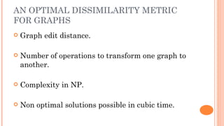 AN OPTIMAL DISSIMILARITY METRIC
FOR GRAPHS
   Graph edit distance.

   Number of operations to transform one graph to
    another.

   Complexity in NP.

   Non optimal solutions possible in cubic time.
 