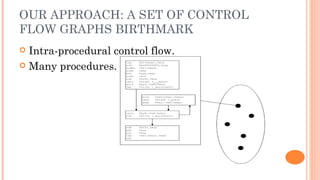 OUR APPROACH: A SET OF CONTROL
FLOW GRAPHS BIRTHMARK
 Intra-procedural control flow.
 Many procedures.
 