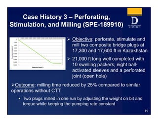 Case History 3 – Perforating,
Stimulation, and Milling (SPE-189910)
 Objective: perforate, stimulate and
mill two composite bridge plugs at
17,300 and 17,600 ft in Kazakhstan
 21,000 ft long well completed with
10 swelling packers, eight ball-
activated sleeves and a perforated
joint (open hole)
19
Outcome: milling time reduced by 25% compared to similar
operations without CTT
 Two plugs milled in one run by adjusting the weight on bit and
torque while keeping the pumping rate constant
0
2,000
4,000
6,000
8,000
10,000
12,000
14,000
16,000
18,000
0 2,000 4,000 6,000 8,000 10,000 12,000 14,000 16,000 18,000 20,000 22,000
TrueVerticalDepth,ft
Measured Depth, ft
 
