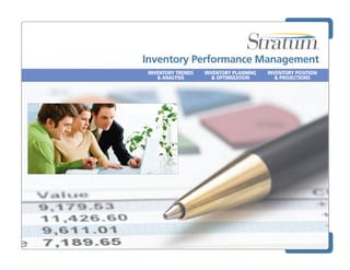 Inventory Performance Management
 INVENTORY TRENDS   INVENTORY PLANNING   INVENTORY POSITION
    & ANALYSIS         & OPTIMIZATION       & PROJECTIONS
 