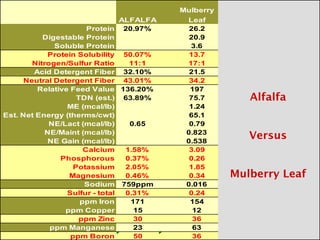 Mulberry
                                ALFALFA    Leaf
                       Protein 20.97%       26.2
           Digestable Protein               20.9
              Soluble Protein               3.6
            Protein Solubility 50.07%       13.7
        Nitrogen/Sulfur Ratio     11:1     17:1
        Acid Detergent Fiber 32.10%         21.5
      Neutral Detergent Fiber 43.01%        34.2
         Relative Feed Value 136.20%        197
                    TDN (est.) 63.89%       75.7
                 ME (mcal/lb)               1.24
Est. Net Energy (therms/cwt)                65.1
             NE/Lact (mcal/lb)    0.65      0.79
            NE/Maint (mcal/lb)             0.823
            NE Gain (mcal/lb)              0.538
                      Calcium    1.58%      3.09
               Phosphorous       0.37%      0.26
                   Potassium     2.05%      1.85
                  Magnesium      0.46%      0.34
                      Sodium 759ppm        0.016
                 Sulfur - total  0.31%      0.24
                     ppm Iron     171       154
                 ppm Copper        15        12
                     ppm Zinc      30        36
             ppm Manganese         23        63
                  ppm Boron        50        36
 