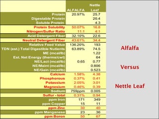 Nettle
                                       ALFALFA     Leaf
                             Protein     20.97%     25.7
                 Digestable Protein                 20.4
                    Soluble Protein                   4.3
                   Protein Solubility    50.07%     16.8
              Nitrogen/Sulfur Ratio         11:1      4:1
               Acid Detergent Fiber      32.10%     22.6
            Neutral Detergent Fiber      43.61%     34.4
                Relative Feed Value 136.20%          193
TDN (est.) Total Digestible Nutients     63.89%     74.5
                        ME (mcal/lb)                1.22
      Est. Net Energy (therms/cwt)                    64
                   NE/Lact (mcal/lb)        0.65    0.77
                  NE/Maint (mcal/lb)               0.806
                   NE/Gain (mcal/lb)               0.523
                            Calcium       1.58%     4.38
                      Phosphorous         0.37%     0.41
                          Potassium       2.05%     3.01
                        Magnesium         0.46%     0.39
                            Sodium       759ppm    0.005
                        Sulfur - total    0.31%     0.94
                           ppm Iron          171     349
                       ppm Copper             15      11
                           ppm Zinc           30      40
                   ppm Manganese              23      36
                         ppm Boron            50      67
 
