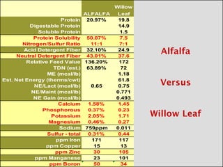 Willow
                                 ALFALFA  Leaf
                       Protein 20.97%     19.8
           Digestable Protein             14.9
              Soluble Protein              1.5
             Protein Solubility 50.07%     7.5
        Nitrogen/Sulfur Ratio      11:1   7:1
        Acid Detergent Fiber 32.10%       24.9
      Neutral Detergent Fiber 43.01%      37.6
         Relative Feed Value 136.20%      172
                    TDN (est.) 63.89%      72
                  ME (mcal/lb)            1.18
Est. Net Energy (therms/cwt)              61.8
             NE/Lact (mcal/lb)     0.65   0.75
            NE/Maint (mcal/lb)           0.771
             NE Gain (mcal/lb)           0.493
                      Calcium     1.58%   1.45
                Phosphorous       0.37%   0.23
                   Potassium      2.05%   1.71
                  Magnesium       0.46%   0.27
                      Sodium 759ppm      0.011
                  Sulfur - total  0.31%   0.44
                     ppm Iron      171    117
                 ppm Copper         15     13
                     ppm Zinc       30    105
             ppm Manganese          23    101
                   ppm Boron        50     34
 