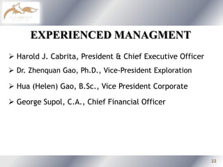 STRATEGIC PARTNERSHIP HISTORYSeptember 29, 2009Proposed $1,350,000 private placement to China Nonferrous Metals Exploration Corp. CNME)Nov 17, 2010Silvore Fox Minerals Announces Signing of Strategic Agreement with Beijing Donia ResourcesJanuary 28, 2010Completion of Non-Brokered private placement with Sino Minerals Corp. March 30, 2010Announcement on Early Exercise of Warrants20092010December 1, 2010Silvore Fox Minerals Announces Warrant Exercise for Gross Proceeds of $1,125,000February 10, 2010Addition of international exploration experience to its Board of Directors and Management, the appointment of a ChairmanJune 29, 2010Silvore Fox Minerals Announces Warrant Exercise for Gross Proceeds of $1,125,000December 17, 2009Formal agreement with Sino Minerals Corp. (FORMALLY CNME)9