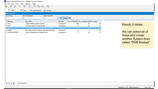 Result: 5 tables
We can select all of
these and create
another Subject Area
called “DOB Marked”
 