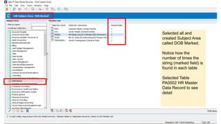 Selected all and
created Subject Area
called DOB Marked.
Notice how the
number of times the
string (marked field) is
found in each table
Selected Table
PA0002 HR Master
Data Record to see
detail
 