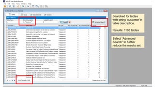 Searched for tables
with string ‘customer’in
table description.
Results: 1185 tables
Select “Advanced
Search” to further
reduce the results set.
 