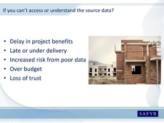 If you can’t access or understand the source data?
• Delay in project benefits
• Late or under delivery
• Increased risk from poor data
• Over budget
• Loss of trust
 