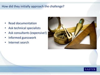 How did they initially approach the challenge?
• Read documentation
• Ask technical specialists
• Ask consultants (expensive!)
• Informed guesswork
• Internet search
 