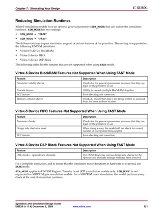 Chapter 7: Simulating Your Design



Reducing Simulation Runtimes
Xilinx® simulation models have an optional generic/parameter (SIM_MODE) that can reduce the simulation
runtimes. SIM_MODE has two settings:
•   SIM_MODE = "SAFE"
•   SIM_MODE = "FAST"
The different settings impact simulation support of certain features of the primitive. This setting is supported on
the following UNISIM primitives:
•   Virtex®-5 device BlockRAM
•   Virtex-5 device FIFO
•   Virtex-5 device DSP Block
The following tables list the features that are not supported when using FAST mode.


Virtex-5 Device BlockRAM Features Not Supported When Using FAST Mode
 Feature                                                  Description
 Parameter validity checks                                Checks for the generics/parameters to ensure that they are
                                                          legal for the primitive in use
 Cascade feature                                          Ability to cascade multiple BlockRAMs together
 ECC feature                                              Error checking and correction
 Memory collision checks                                  Checks to ensure that data is not being written to and read
                                                          from the same address location



Virtex-5 Device FIFO Features Not Supported When Using FAST Mode
 Feature                                                  Description
 Parameter checks                                         Checks for the generics/parameters to ensure that they are
                                                          legal for the primitive in use
 Design rule checks for reset                             When doing a reset, the model will not check for correct
                                                          number of reset pulses being applied
 ECC feature                                              Error checking and correction



Virtex-5 Device DSP Block Features Not Supported When Using FAST Mode
 Feature                                                  Description
 DRC checks – opmode and alumode                          The DSP48 block has various design rule checks for the
                                                          opmode and alumode settings that have been removed

For a complete simulation, and to insure that the simulation model functions in hardware as expected, use
SAFE mode.
SIM_MODE applies to UNISIM Register Transfer Level (RTL) simulation models only. SIM_MODE is not
supported for SIMPRIM gate simulation models. For a SIMPRIM based simulation, the model performs every
check at the cost of simulation runtimes.




Synthesis and Simulation Design Guide
UG626 (v 11.4) December 2, 2009                   www.xilinx.com                                                     121
 