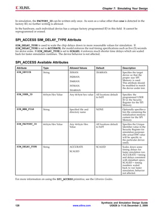 Chapter 7: Simulating Your Design



In simulation, the FACTORY_ID can be written only once. As soon as a value other than one is detected in the
factory ID, no further writing is allowed.
In the hardware, each individual device has a unique factory programmed ID in this field. It cannot be
reprogrammed or erased.


SPI_ACCESS SIM_DELAY_TYPE Attribute
SIM_DELAY_TYPE is used to scale the chip delays down to more reasonable values for simulation. If
SIM_DELAY_TYPE is set to ACCURATE, the model enforces the real timing specifications such as five (5) seconds
for sector erase. If SIM_DELAY_TYPE is set to SCALED, it enforces much shorter time delays which are scaled
back for faster simulation runtimes. The device behavior is not affected.


SPI_ACCESS Available Attributes
 Attribute             Type                  Allowed Values          Default                 Description
 SIM_DEVICE            String                3S50AN                  3S1400AN                Specifies the target
                                                                                             device so that the
                                             3S200AN                                         proper size SPI
                                             3S400AN                                         Memory is used.
                                                                                             This attribute should
                                             3S700AN                                         be modified to match
                                                                                             the device under test.
                                             3S1400AN
 SIM_USER_ID           64-byte Hex Value     Any 64-byte hex value   All locations default   Specifies the
                                                                     to 0xFF                 programmed USER
                                                                                             ID in the Security
                                                                                             Register for the SPI
                                                                                             Memory
 SIM_MEM_FILE          String                Specified file and      NONE                    Optionally specifies a
                                             directory name                                  hex file containing the
                                                                                             initialization memory
                                                                                             content for the SPI
                                                                                             Memory
 SIM_FACTORY_ID        64-byte Hex Value     Any 64-byte Hex         All locations default   Specifies the Unique
                                             Value                   to 0xFF                 Identifier value in the
                                                                                             Security Register for
                                                                                             simulation purposes
                                                                                             (the actual HW value
                                                                                             will be specific to
                                                                                             the particular device
                                                                                             used).
 SIM_DELAY_TYPE        String                ACCURATE                SCALED                  Scales down some
                                                                                             timing delays for
                                             SCALED                                          faster simulation run.
                                                                                             ACCURATE = timing
                                                                                             and delays consistent
                                                                                             with datasheet specs.
                                                                                             SCALED = timing
                                                                                             numbers scaled
                                                                                             back to run faster
                                                                                             simulation, behavior
                                                                                             not affected.

For more information on using the SPI_ACCESS primitive, see the Libraries Guides.




                                                                          Synthesis and Simulation Design Guide
128                                             www.xilinx.com                  UG626 (v 11.4) December 2, 2009
 