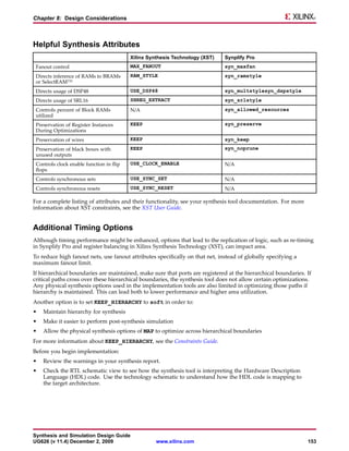 Chapter 8: Design Considerations



Helpful Synthesis Attributes
                                          Xilinx Synthesis Technology (XST)   Synplify Pro
 Fanout control                           MAX_FANOUT                          syn_maxfan
 Directs inference of RAMs to BRAMs       RAM_STYLE                           syn_ramstyle
 or SelectRAM™
 Directs usage of DSP48                   USE_DSP48                           syn_multstylesyn_dspstyle
 Directs usage of SRL16                   SHREG_EXTRACT                       syn_srlstyle
 Controls percent of Block RAMs           N/A                                 syn_allowed_resources
 utilized
 Preservation of Register Instances       KEEP                                syn_preserve
 During Optimizations
 Preservation of wires                    KEEP                                syn_keep
 Preservation of black boxes with         KEEP                                syn_noprune
 unused outputs
 Controls clock enable function in flip   USE_CLOCK_ENABLE                    N/A
 flops
 Controls synchronous sets                USE_SYNC_SET                        N/A
 Controls synchronous resets              USE_SYNC_RESET                      N/A

For a complete listing of attributes and their functionality, see your synthesis tool documentation. For more
information about XST constraints, see the XST User Guide.


Additional Timing Options
Although timing performance might be enhanced, options that lead to the replication of logic, such as re-timing
in Synplify Pro and register balancing in Xilinx Synthesis Technology (XST), can impact area.
To reduce high fanout nets, use fanout attributes specifically on that net, instead of globally specifying a
maximum fanout limit.
If hierarchical boundaries are maintained, make sure that ports are registered at the hierarchical boundaries. If
critical paths cross over these hierarchical boundaries, the synthesis tool does not allow certain optimizations.
Any physical synthesis options used in the implementation tools are also limited in optimizing those paths if
hierarchy is maintained. This can lead both to lower performance and higher area utilization.
Another option is to set KEEP_HIERARCHY to soft in order to:
•   Maintain hierarchy for synthesis
•   Make it easier to perform post-synthesis simulation
•   Allow the physical synthesis options of MAP to optimize across hierarchical boundaries
For more information about KEEP_HIERARCHY, see the Constraints Guide.
Before you begin implementation:
•   Review the warnings in your synthesis report.
•   Check the RTL schematic view to see how the synthesis tool is interpreting the Hardware Description
    Language (HDL) code. Use the technology schematic to understand how the HDL code is mapping to
    the target architecture.




Synthesis and Simulation Design Guide
UG626 (v 11.4) December 2, 2009                     www.xilinx.com                                              153
 