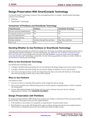 Chapter 8: Design Considerations



Design Preservation With SmartCompile Technology
Use SmartCompile™ technology to preserve the unchanged portions of a design. SmartCompile technology
consists of two methods:
•     Partitions
•     SmartGuide™ Technology

Comparison of Partitions and SmartGuide Technology
 Feature/Function                        Partitions                             SmartGuide Technology
 Re-uses a previous implementation       Yes                                    Yes
 Unchanged modules are guaranteed        Yes                                    No
 the same implementation
 Require design planning                 Yes                                    No
 Runtime reduction                       Synthesis through Place and Route      Map, Place, and Route
 Ease of use                             Easy                                   Easier



Deciding Whether to Use Partitions or SmartGuide Technology
Although Partitions generally provide the best design flow, the design must follow good design practices such as
registering the outputs of Partitions. For more information, see Application Note XAPP918, Incremental Design
Reuse with Partitions. If your design does not work well with Partitions, or you are at the end of the design
cycle, then SmartGuide™ technology is preferable. Use the following guidelines to help you decide whether to
use Partitions or SmartGuide technology.

When to Use SmartGuide Technology
Use SmartGuide technology when:
•     A design is finished and meets timing, but you are making small design changes and want to reduce runtime.
•     A design is finished and meets timing, but you need to change an attribute or move a pin location.
•     You want to leverage previous results, but design hierarchy does work well with Partitions. If the design
      does not meet timing, runtime may or may not be reduced.

When to Use Partitions
Use Partitions when:
•     You do not want to re-simulate those portions of the design that did not change.
•     One or more modules have difficult timing, and you want to preserve implementation in order to maintain
      the timing paths.
•     You are still making changes to the design and you want to increase turns per day by reducing
      implementation runtime. (Use PRESERVE=PLACEMENT)


Design Preservation with Partitions
If a design includes Partitions, ISE® Design Suite analyzes the modules to determine if they are (a) up-to-date or
(b) out-of-date, with respect to the previous implementation.
•     If the Partition is out-of-date, it is completely re-implemented. No preservation occurs.
•     If the Partition is up-to-date, ISE Design Suite copies it without change from the previous implementation.
      The Partition is completely preserved, from synthesized netlist through routing.



                                                                             Synthesis and Simulation Design Guide
156                                                   www.xilinx.com               UG626 (v 11.4) December 2, 2009
 