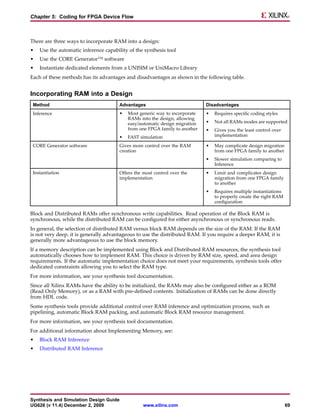 Chapter 5: Coding for FPGA Device Flow



There are three ways to incorporate RAM into a design:
•   Use the automatic inference capability of the synthesis tool
•   Use the CORE Generator™ software
•   Instantiate dedicated elements from a UNISIM or UniMacro Library
Each of these methods has its advantages and disadvantages as shown in the following table.


Incorporating RAM into a Design
 Method                                Advantages                            Disadvantages
 Inference                             •   Most generic way to incorporate   •   Requires specific coding styles
                                           RAMs into the design, allowing
                                           easy/automatic design migration   •   Not all RAMs modes are supported
                                           from one FPGA family to another   •   Gives you the least control over
                                       •   FAST simulation                       implementation

 CORE Generator software               Gives more control over the RAM       •   May complicate design migration
                                       creation                                  from one FPGA family to another
                                                                             •   Slower simulation comparing to
                                                                                 Inference
 Instantiation                         Offers the most control over the      •   Limit and complicates design
                                       implementation                            migration from one FPGA family
                                                                                 to another
                                                                             •   Requires multiple instantiations
                                                                                 to properly create the right RAM
                                                                                 configuration

Block and Distributed RAMs offer synchronous write capabilities. Read operation of the Block RAM is
synchronous, while the distributed RAM can be configured for either asynchronous or synchronous reads.
In general, the selection of distributed RAM versus block RAM depends on the size of the RAM. If the RAM
is not very deep, it is generally advantageous to use the distributed RAM. If you require a deeper RAM, it is
generally more advantageous to use the block memory.
If a memory description can be implemented using Block and Distributed RAM resources, the synthesis tool
automatically chooses how to implement RAM. This choice is driven by RAM size, speed, and area design
requirements. If the automatic implementation choice does not meet your requirements, synthesis tools offer
dedicated constraints allowing you to select the RAM type.
For more information, see your synthesis tool documentation.
Since all Xilinx RAMs have the ability to be initialized, the RAMs may also be configured either as a ROM
(Read Only Memory), or as a RAM with pre-defined contents. Initialization of RAMs can be done directly
from HDL code.
Some synthesis tools provide additional control over RAM inference and optimization process, such as
pipelining, automatic Block RAM packing, and automatic Block RAM resource management.
For more information, see your synthesis tool documentation.
For additional information about Implementing Memory, see:
•   Block RAM Inference
•   Distributed RAM Inference




Synthesis and Simulation Design Guide
UG626 (v 11.4) December 2, 2009                   www.xilinx.com                                                    69
 