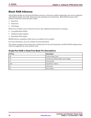 Chapter 5: Coding for FPGA Device Flow



Block RAM Inference
Xilinx® Block RAMs are True Dual-Port Block resources. Each port is totally independent and can be configured
with different depth and width. Read and write operations are synchronous. Block RAM resources offer
different read/write synchronization modes:
•      Read-First
•      Write-First
•      No-Change
FPGA device families such as Virtex®-5 devices offer additional enhancements, including:
•      Cascadable Block RAMs
•      Pipelined output registers
•      Byte-Wide Write Enable
BRAM inference capabilities differ from one synthesis tool to another.
For more information, see your synthesis tool documentation.
The coding examples in this section show coding styles for the most frequently used Block RAM configurations,
which are supported by most synthesis tools.


Single-Port RAM in Read-First Mode Pin Descriptions
 IO Pins                                                 Description
 clk                                                     Positive-Edge Clock
 we                                                      Synchronous Write Enable (Active High)
 en                                                      Clock Enable
 addr                                                    Read/Write Address
 di                                                      Data Input
 do                                                      Data Output




                                                                         Synthesis and Simulation Design Guide
70                                              www.xilinx.com                 UG626 (v 11.4) December 2, 2009
 