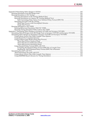 Appendix B Simulating Xilinx Designs in NCSim ........................................................................................ 165
   Running Simulation from ISE Design Suite........................................................................................... 165
   Running Simulation in NC-Verilog ...................................................................................................... 165
       Running Simulations in NC-Verilog (Method One)......................................................................... 165
       Running Simulations in Cadence NC-Verilog (Method Two) ........................................................... 165
            Back-Annotating Delay Values from Standard Delay Format (SDF) File .................................... 166
       Simulating SecureIP with NC-Verilog ............................................................................................ 166
            Multi-Step Process with Precompiled Libraries........................................................................ 166
            Single Step Process ................................................................................................................ 166
   Running Simulation in NC-VHDL ....................................................................................................... 167
       Running Behavioral Simulation With NC-VHDL............................................................................ 167
       Running Timing Simulation With Cadence NC-VHDL ................................................................... 167
Appendix C Simulating Xilinx Designs in Synopsys VCS-MX and Synopsys VCS-MXi................................... 169
   Simulating Xilinx® Designs from ISE Design Suite in Synopsys VCS-MX and Synopsys VCS-MXi ........... 169
   Simulating Xilinx Designs in Standalone Synopsys VCS-MX and Synopsys VCS-MXi.............................. 169
       Using Library Source Files With Compile Time Options ................................................................. 169
       Using Shared Pre-Compiled Libraries............................................................................................ 170
       Using Unified Usage Model (Three-Step Process) ........................................................................... 170
            Three-Step Process Analysis Phase ......................................................................................... 171
            Three-Step Process Elaboration Phase ..................................................................................... 171
            Three-Step Process Simulation Phase ...................................................................................... 171
       Using Standard Delay Format (SDF) with VCS ............................................................................... 171
            Compiling the Standard Delay Format (SDF) file at Compile Time............................................ 171
            Reading the ASCII Standard Delay Format (SDF) File at Runtime ............................................. 171
   Simulating SecureIP with VCS ............................................................................................................. 172
       About Simulating SecureIP with VCS ............................................................................................ 172
       Using Library Source Files With Compile Time Options ................................................................. 172
       Using SIMPRIM-Based Libraries for Timing Simulation.................................................................. 172




Synthesis and Simulation Design Guide
UG626 (v 11.4) December 2, 2009                                 www.xilinx.com                                                                    9
 