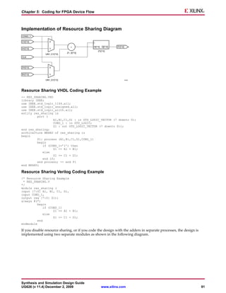 Chapter 5: Coding for FPGA Device Flow



Implementation of Resource Sharing Diagram




Resource Sharing VHDL Coding Example
-- RES_SHARING.VHD
library IEEE;
use IEEE.std_logic_1164.all;
use IEEE.std_logic_unsigned.all;
use IEEE.std_logic_arith.all;
entity res_sharing is
         port (
                   A1,B1,C1,D1 : in STD_LOGIC_VECTOR (7 downto 0);
                   COND_1 : in STD_LOGIC;
                   Z1 : out STD_LOGIC_VECTOR (7 downto 0));
end res_sharing;
architecture BEHAV of res_sharing is
begin
         P1: process (A1,B1,C1,D1,COND_1)
         begin
            if (COND_1=’1’) then
                   Z1 <= A1 + B1;
            else
                   Z1 <= C1 + D1;
            end if;
         end process; -- end P1
end BEHAV;

Resource Sharing Verilog Coding Example
/* Resource Sharing Example
 * RES_SHARING.V
*/
module res_sharing (
input [7:0] A1, B1, C1, D1,
input COND_1,
output reg [7:0] Z1);
always @(*)
         begin
             if (COND_1)
                   Z1 <= A1 + B1;
             else
                   Z1 <= C1 + D1;
          end
endmodule

If you disable resource sharing, or if you code the design with the adders in separate processes, the design is
implemented using two separate modules as shown in the following diagram.




Synthesis and Simulation Design Guide
UG626 (v 11.4) December 2, 2009                  www.xilinx.com                                                   91
 