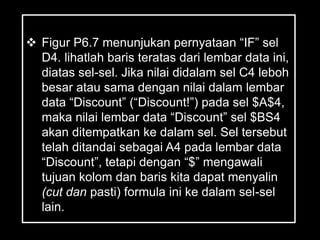  Figur P6.7 menunjukan pernyataan ―IF‖ sel
  D4. lihatlah baris teratas dari lembar data ini,
  diatas sel-sel. Jika nilai didalam sel C4 leboh
  besar atau sama dengan nilai dalam lembar
  data ―Discount‖ (―Discount!‖) pada sel $A$4,
  maka nilai lembar data ―Discount‖ sel $BS4
  akan ditempatkan ke dalam sel. Sel tersebut
  telah ditandai sebagai A4 pada lembar data
  ―Discount‖, tetapi dengan ―$‖ mengawali
  tujuan kolom dan baris kita dapat menyalin
  (cut dan pasti) formula ini ke dalam sel-sel
  lain.
 