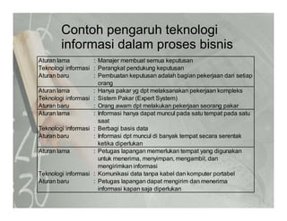 Contoh pengaruh teknologi
i f i d l bi iinformasi dalam proses bisnis
Aturan lama : Manajer membuat semua keputusan
Teknologi informasi : Perangkat pendukung keputusanTeknologi informasi : Perangkat pendukung keputusan
Aturan baru : Pembuatan keputusan adalah bagian pekerjaan dari setiap
orang
Aturan lama : Hanya pakar yg dpt melaksanakan pekerjaan kompleks
T k l i i f i Si t P k (E t S t )Teknologi informasi : Sistem Pakar (Expert System)
Aturan baru : Orang awam dpt melakukan pekerjaan seorang pakar
Aturan lama : Informasi hanya dapat muncul pada satu tempat pada satu
saat
Teknologi informasi : Berbagi basis data
Aturan baru : Informasi dpt muncul di banyak tempat secara serentak
ketika diperlukan
Aturan lama : Petugas lapangan memerlukan tempat yang digunakanAturan lama : Petugas lapangan memerlukan tempat yang digunakan
untuk menerima, menyimpan, mengambil, dan
mengirimkan informasi
Teknologi informasi : Komunikasi data tanpa kabel dan komputer portabel
Aturan baru : Petugas lapangan dapat mengirim dan menerimaAturan baru : Petugas lapangan dapat mengirim dan menerima
informasi kapan saja diperlukan
 